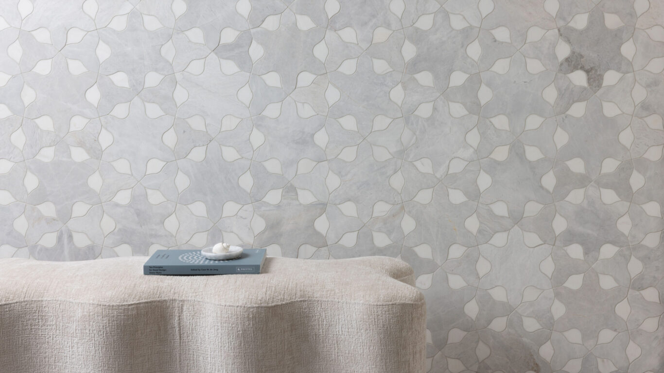 Slide 3 of 3, Dyad, a marble mosaic tile collection produced in partnership with AKDO, distills centuries of design heritage into clean lines and refined symmetry.